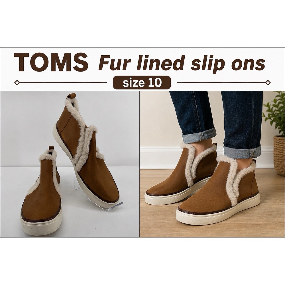 TOMS Womens Slip On Sneakers Faux Fur Lined Brown Leather US 10 EU 42 Cozy Warm